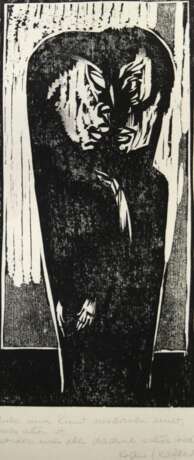 Kaffke, Helga (1934 Leipzig-2017 Ballycroy, County Mayo, Irland) "Umarmung", Holzschnitt, mit Widmung, sign. und dat. ´84, 30x14 cm, ungerahmt - Foto 1 Kaffke, Helga (1934 Leipzig-2017 Ballycroy, County Mayo, Irland) "Umarmung", Holzschnitt, mit Widmung, sign. und dat. ´84, 30x14 cm, ungerahmt - Foto 1