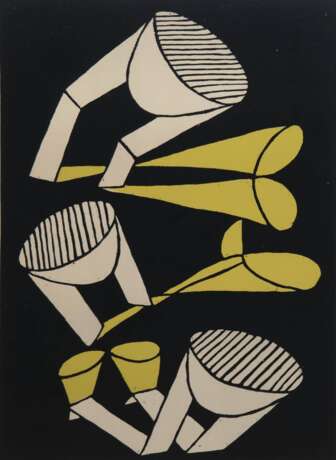 Auberger, Pidder (1946-2012) "Hordentöpfe", Farbholzschnitt, 62x42 cm, im Passepartout hinter Glas und Rahmen - photo 1 Auberger, Pidder (1946-2012) "Hordentöpfe", Farbholzschnitt, 62x42 cm, im Passepartout hinter Glas und Rahmen - photo 1