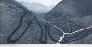 Werkmeister, Wolfgang (1941 Berlin) "Trollstigen-Norwegen", Radierung, sign. u.r. und dat. ´84, bez. u.l., 20x40 cm, hinter Glas und Rahmen