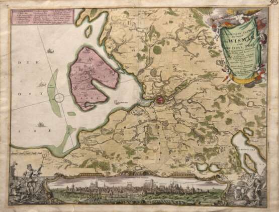 "Karte der Gegend von Wismar nebst der Insel Poel", kolorierter Kupferstich, am unteren Rand Gesamtansicht der Stadt, mit figürlichen Kartuschen, oben rechts Titelkartusche von Putten gehalten, Blatt an den Rän… - фото 1
