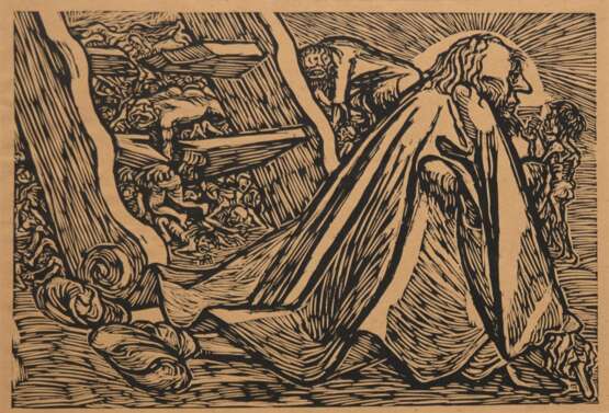 Barlach, Ernst (1870 Wedel-1938 Rostock) "Der Göttliche Bettler", aus der Mappe "Die Wandlungen Gottes", Holzschnitt, unsign., 32x46 cm, im Passepartout (Er war ein deutscher Bildhauer, Grafiker und S… - фото 1