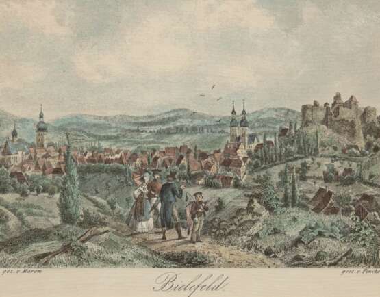 "Bielefeld", kolorierter Stich, von Fincke, gez. v. Maren, 13x17 cm, im Passepartout hinter Glas und Rahmen - фото 1