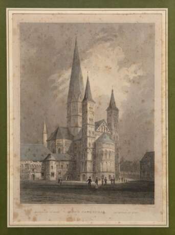 "Bonn Chatedral-Domkirche zu Bonn", Stich von Howe nach Tombleson (1795-1846), stockfleckig, 18x13 cm, im Passepartout hinter Glas und Rahmen - Foto 1