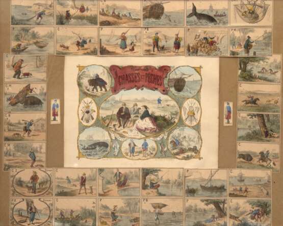 "Chasses et Peches", verschiedene Grafiken mit Szenen vom Jagen und Fischen, Blätter gebräunt, teilweise kl. Farbverluste und Beschädigungen, Gesamtmaß 49x59 cm, hinter Glas und Rahmen - photo 1 "Chasses et Peches", verschiedene Grafiken mit Szenen vom Jagen und Fischen, Blätter gebräunt, teilweise kl. Farbverluste und Beschädigungen, Gesamtmaß 49x59 cm, hinter Glas und Rahmen - photo 1