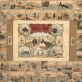 "Chasses et Peches", verschiedene Grafiken mit Szenen vom Jagen und Fischen, Blätter gebräunt, teilweise kl. Farbverluste und Beschädigungen, Gesamtmaß 49x59 cm, hinter Glas und Rahmen - photo 1