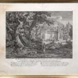 Ridinger, Johann Elias (1698 Ulm- 1767 Augsburg) "Parklandschaft mit Hasen", Kupferstich, Blatt an den Rändern fleckig und wellig, am oberen Rand eingerissen, 34,5x42,5 cm, hinter Glas und Rahmen - photo 1