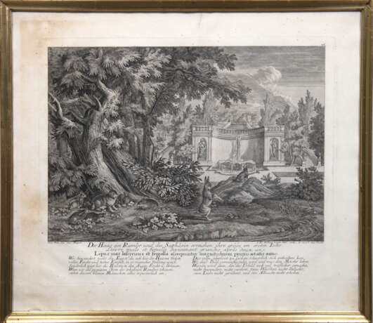 Ridinger, Johann Elias (1698 Ulm- 1767 Augsburg) "Parklandschaft mit Hasen", Kupferstich, Blatt an den Rändern fleckig und wellig, am oberen Rand eingerissen, 34,5x42,5 cm, hinter Glas und Rahmen - photo 1 Ridinger, Johann Elias (1698 Ulm- 1767 Augsburg) "Parklandschaft mit Hasen", Kupferstich, Blatt an den Rändern fleckig und wellig, am oberen Rand eingerissen, 34,5x42,5 cm, hinter Glas und Rahmen - photo 1