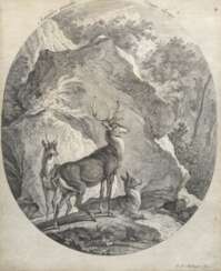 Ridinger, Johann Elias (1698 Ulm- 1767 Augsburg) "Vier Tageszeiten der Hirsche", Kupferstich, Blatt im unteren Bereich etwas wellig, 34,5x28 cm, im Passepartout hinter Glas und Rahmen