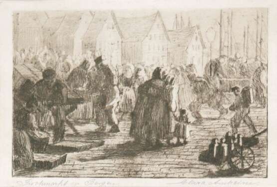 Arnheim, Clara (1870 Berlin-1943 Theresienstadt) "Fischmarkt in Bergen", Radierung, signiert u.r., betitelt u.l., 10x14,5 cm, im Passepartout (Malerin und Schriftführerin im "Verein Berliner Künstlerinnen… - photo 1 Arnheim, Clara (1870 Berlin-1943 Theresienstadt) "Fischmarkt in Bergen", Radierung, signiert u.r., betitelt u.l., 10x14,5 cm, im Passepartout (Malerin und Schriftführerin im "Verein Berliner Künstlerinnen… - photo 1