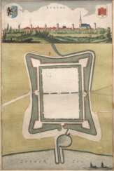 "Elburg", kolorierte, alte Druckgrafik von Elburg, mit Panoramablick auf die Stadt und Titel, links oben das Wappen von Gelderland und rechts oben das Stadtwappen, darunter ein Stadtplan der Festung Elburg, Bla…