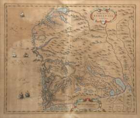 Karte "Dioecesis Bergensis tabula-Bistums Bergen in Norwegen", kolorierter Kupferstich, Karte zeigt Küstenlinien, Flüße, Seen und Gebirgszüge sowie Kartuschen und Schiffsdarstellungen, Blatt gebräunt , mittig …