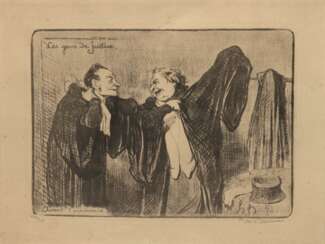 Daumier, Honoré (1808 Marseille-1879 Valmondois, Frankreich) &quot;Menschen der Gerechtigkeit-Vor der Anhörung&quot;, Litho., 274/ 500, monogr. in der Platte und sign. u.r., Blatt 29x35,5 cm, im Passepartout hinter Glas …