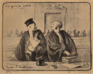 Daumier, Honoré (1808 Marseille-1879 Valmondois, Frankreich) &quot;Menschen der Gerechtigkeit-Nach der Anhörung&quot;, Litho., 300/ 500, monogr. in der Platte und sign. u.r., Blatt 21x37 cm, hinter Glas und Rahmen (franz…