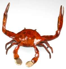 Bronze-Figur "Krabbe", kalt emailliert in Orange, Unikat, 15x17x16 cm