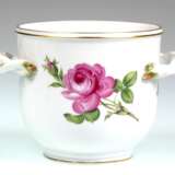 Meissen-Übertopf, Rote Rose mit Goldrand, seitl. 2 gedrehte Henkel, H. 10,5 cm, Innen-Dm. 11 cm - фото 1