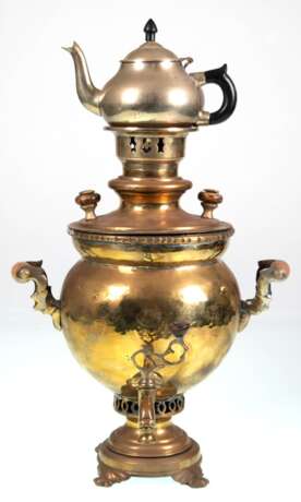 Holzkohle-Samowar und Kanne, Messing, Rußland, mit Medaillen, Tula, H. 39 cm, Kannen-H. 14 cm - photo 1