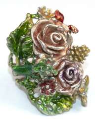 Ring &quot;Darstellungen aus Flora und Fauna&quot;, 925er Silber, handgearbeitet, wie z.B. Rosen mit Blättern, Trauben, Schmetterling, Grashüpfer und Krebs, emailliert, 27,4 g, RG 54, Innendurchmesser 17,2 mm