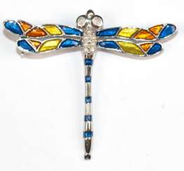Brosche &quot;Libelle“, naturalistische Darstellung, 925er Silber, farbige Emaille, Perlen und Opale, Maße ca. 3,7 x 4,1 cm,