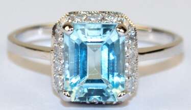 Ring, 925er Silber, rhodiniert, aquamarinfarbener Blautopas ca. 2,74 ct., Brillanten ca. 0,20 ct., RG 60, Innendurchmesser 19,1 mm