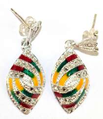 Ohrstecker im Art-Deco Stil, 925er Silber, rot, grün, gelb emailliert und weiße Zirkonia
