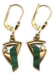 Ohrringe, 333er GG, Malachit, Zirkonia, Länge ca. 3,4 cm, 2,5 g