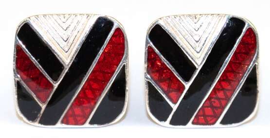 Manschettenknöpfe, 925er Silber, schwarz-rot emailliert, symmetrischer Dekor - photo 1