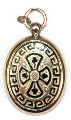 Biedermeier-Medaillon, 585er GG, ca. 2,9 g, Maße mit Öse ca. 3,5 x 2,1, schwarz emailliert mit leichten Gebrauchspuren - photo 1 Biedermeier-Medaillon, 585er GG, ca. 2,9 g, Maße mit Öse ca. 3,5 x 2,1, schwarz emailliert mit leichten Gebrauchspuren - photo 1