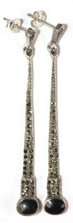 Lange Ohrringe, 925er Silber, mit Onyx und Markasiten besetzt, Länge ca. 5,5 cm - фото 1