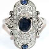 Ring im Art-Deco-Stil, 925er Silber, rhodiniert, Saphire ca. 1,0 ct., und Brillanten ca. 0,20 ct., Millegriffes-Fassung, RG 57, Innendurchmesser 18,1 mm - фото 1