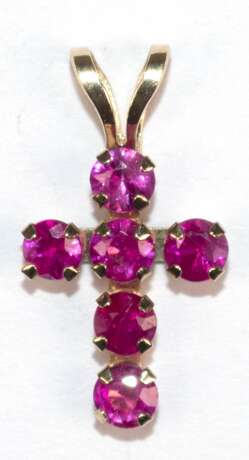 Anhänger "Kreuz“, 416er GG, 10 kt., mit 6 Rubinen besetzt 0,55 ct, ca. 1,6 x 1,8 cm - фото 1