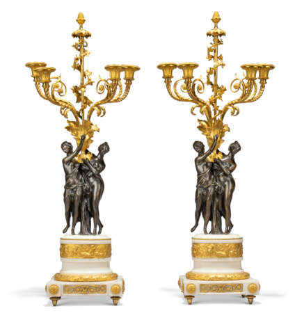 A PAIR OF LOUIS XVI FOUR-LIGHT ORMOLU-MOUNTED PATINATED-BRONZE AND WHITE MARBLE CANDELABRA - фото 2 A PAIR OF LOUIS XVI FOUR-LIGHT ORMOLU-MOUNTED PATINATED-BRONZE AND WHITE MARBLE CANDELABRA - фото 2