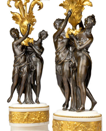 A PAIR OF LOUIS XVI FOUR-LIGHT ORMOLU-MOUNTED PATINATED-BRONZE AND WHITE MARBLE CANDELABRA - фото 3 A PAIR OF LOUIS XVI FOUR-LIGHT ORMOLU-MOUNTED PATINATED-BRONZE AND WHITE MARBLE CANDELABRA - фото 3