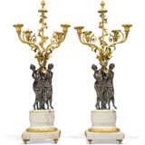 A PAIR OF LOUIS XVI FOUR-LIGHT ORMOLU-MOUNTED PATINATED-BRONZE AND WHITE MARBLE CANDELABRA - фото 5