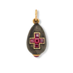 A JEWELLED AND GOLD-MOUNTED GUNMETAL EGG PENDANT