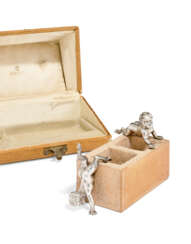 A SILVER-MOUNTED CLAY BRICK MATCH HOLDER