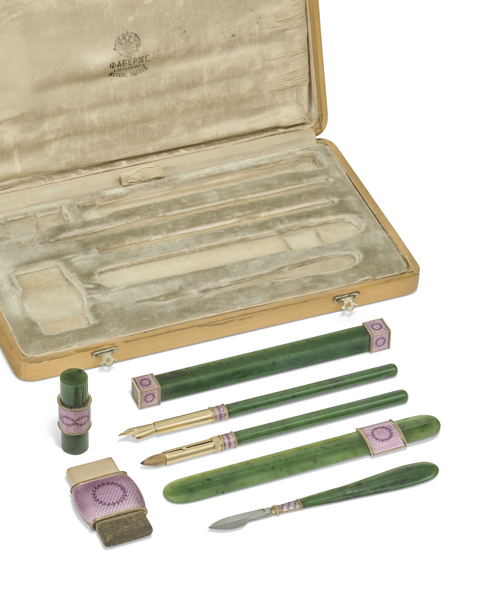 AN IMPERIAL GUILLOCH&#201; ENAMEL GOLD-MOUNTED NEPHRITE WRITING SET