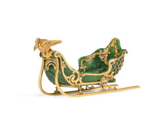 A RARE JEWELLED GOLD-MOUNTED NEPHRITE MINIATURE MODEL OF A SLEIGH
