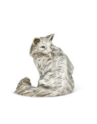 A GEM-SET SILVER BELL-PUSH IN THE FORM OF A CAT