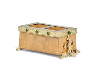 A GEM-SET SILVER-GILT MOUNTED CLAY BRICK MATCH HOLDER