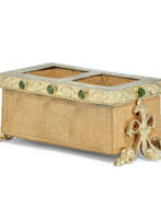 Silver. A GEM-SET SILVER-GILT MOUNTED CLAY BRICK MATCH HOLDER