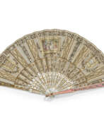 Enamel. A JEWELLED TWO-COLOUR GOLD-MOUNTED MOTHER OF PEARL AND GUILLOCH&#201; ENAMEL FAN