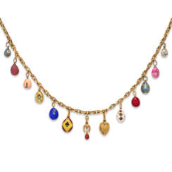 A NECKLACE OF THIRTEEN JEWELLED, GOLD, SILVER AND GUILLOCH&#201; ENAMEL EGG PENDANTS