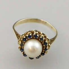 Perlring mit Saphiren- Gelbgold 585/000 (14 K), ge…