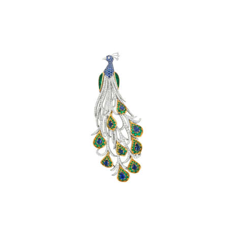 HARRY WINSTON EMERALD, SAPPHIRE AND DIAMOND `PEACOCK` BROOCH - photo 2