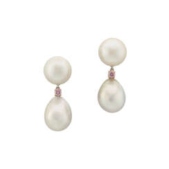NATURAL PEARL, COLOURED DIAMOND AND DIAMOND EARRINGS
