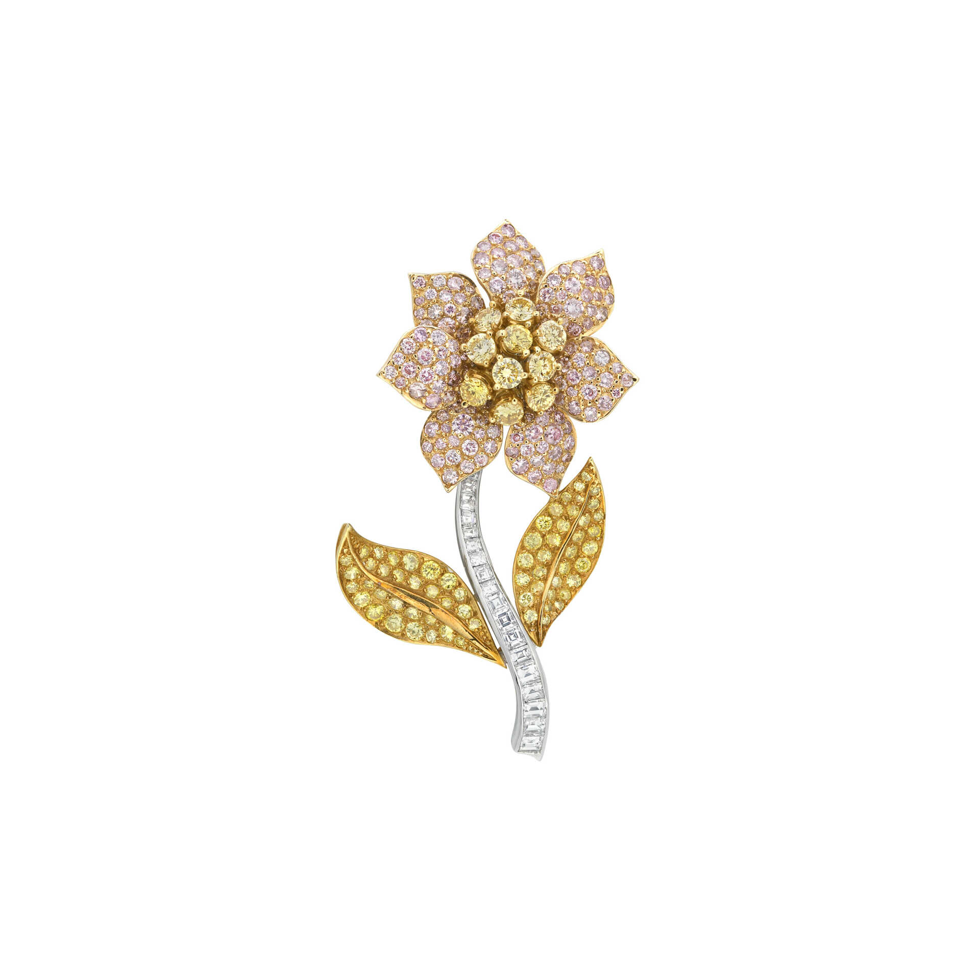 VAN CLEEF &amp; ARPELS COLOURED DIAMOND AND DIAMOND &#39;FLEUR&#39; BROOCH