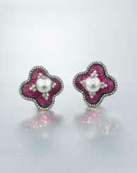 JAR NATURAL PEARL, RUBY AND DIAMOND EARRINGS