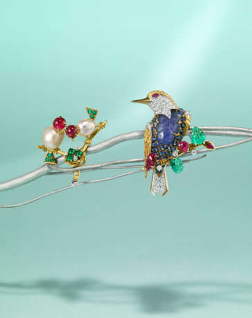 RETRO MULTI-GEM `LOVEBIRDS` BROOCH, BY CARTIER - фото 2