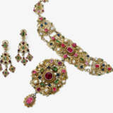 A necklace and a pair of drop earrings with pearls, sapphires, peridots, pink sapphires, and garnets - фото 1
