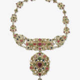 A necklace and a pair of drop earrings with pearls, sapphires, peridots, pink sapphires, and garnets - фото 2